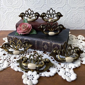 Vintage Brass Drawer Pulls | Ornate Lotus Flower Design | Lot of 6 | Off-White Ceramic Handles |  Hollywood Regency Furniture Hardware