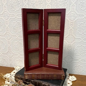 Vintage Y2K Collage Photo Frame | Hinged Folding Multi Picture Frame | Dark Red Window Pane Decor | Shabby Chic Photo Display | 90s Decor