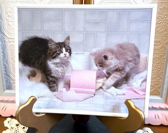 Vintage Cat Picture Frame | Kitten Toilet Paper Kitsch Wall Art | Funny Retro Novelty Art | Mid Century Kitsch | 90s Quirky Bathroom Decor
