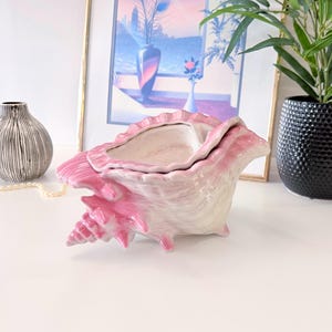 May include: A ceramic seashell-shaped planter with a pink and white gradient. The planter sits on a white surface, next to a black textured pot with a green plant, a silver vase, and a framed picture.