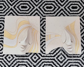 Vintage 1980s Pop Art Wall Sculpture | Set of 2 Long Eyelash Face Plaques | Postmodern Gold and White Glam Decor | Avant-Garde Statement Art