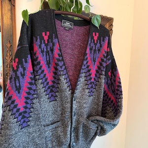Vintage 90s Sears Abstract Knit Cardigan | Retro Patterned Button Up Sweater | Oversized Grandpacore Aesthetic | Academia Dad Chic | Size M