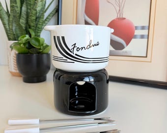 Vintage Ceramic Fondue Set | Retro 1970s Black and White Fondue Pot | Postmodern Kitchen Entertaining | Minimalist Dessert Fondue Set