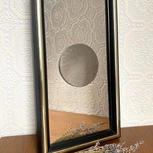 Vintage Postmodern Double Reflection Mirror | Black and Gold Framed Wall Art | Inset Round Portal Mirror | Art Deco Revival Geometric Decor