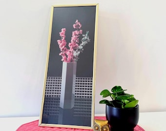 Vintage Pink Postmodern Floral Art Print | Retro Pink Vase Still Life | 1980s Gold Framed Wall Art Decor | Memphis Style Kitsch Aesthetic