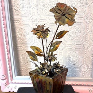 Vintage Brutalist Metal Flower Pot Sculpture | Curtis Jere Inspired Art | Mid Century Copper Floral | Tabletop Brutalist Centerpiece