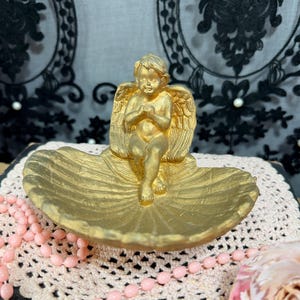 Vintage Gold Cherub Shell Dish | Ornate Angel Wing Jewelry Tray | Regency Core Soap Dish | Mid Century Gold Leaf Style Trinket Bowl