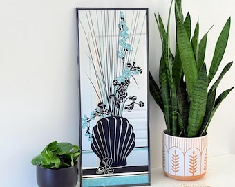 Vintage 80s Teal Glitter Shell Mirror | Art Deco Revival Etched Glass Mirror Panel | Postmodern Kitsch Vase Motif Wall Art