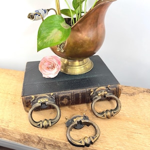 Vintage Drawer Pulls | Set of 3 | Ornate Brass Tone Ring Pulls | Hollywood Regency Hardware | Dresser Handles | Furniture Restoration