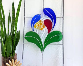 Vintage XL Flower Stained Glass Panel | Handmade Abstract Floral Lily Design Mosaic | Colorful Textured Art Glass Window | MCM Sun Catcher