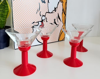 Vintage Red Space Age Bodum Oktett Martini Glasses | Set of 4 Plastic Stem Cocktail Coupes | Postmodern Barware | Pop Art Kitchen Accessory