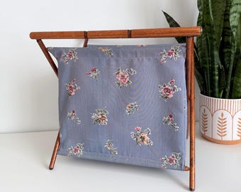 Vintage Floral Folding Sewing Caddy | 1970s Wood Frame Knitting Stand | Grandmacore Wool Basket |Cottagecore Craft Organizer | Magazine Rack