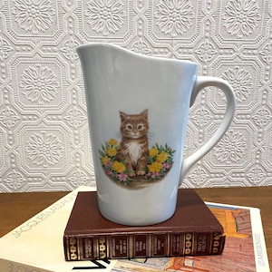 vintage pichet à lait pour chat | Organiseur d'ustensiles | Vase à fleurs | Carafe à eau florale Kitty | Chat tigré orange | Cuisine du noyau du chalet | Grand-mère