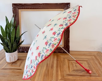 Vintage Floral Parasol | F.U.M.C. 1918 Retro Umbrella with Red Trim | 1950s Garden Party Accessory | Decorative Sun Umbrella | Made in USA