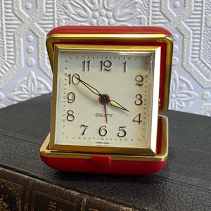 Vintage Equity Travel Alarm Clock | Red Gold Folding Wind Up | Portable Desk Clock | Mid Century Timepiece | Retro Travel Accessory