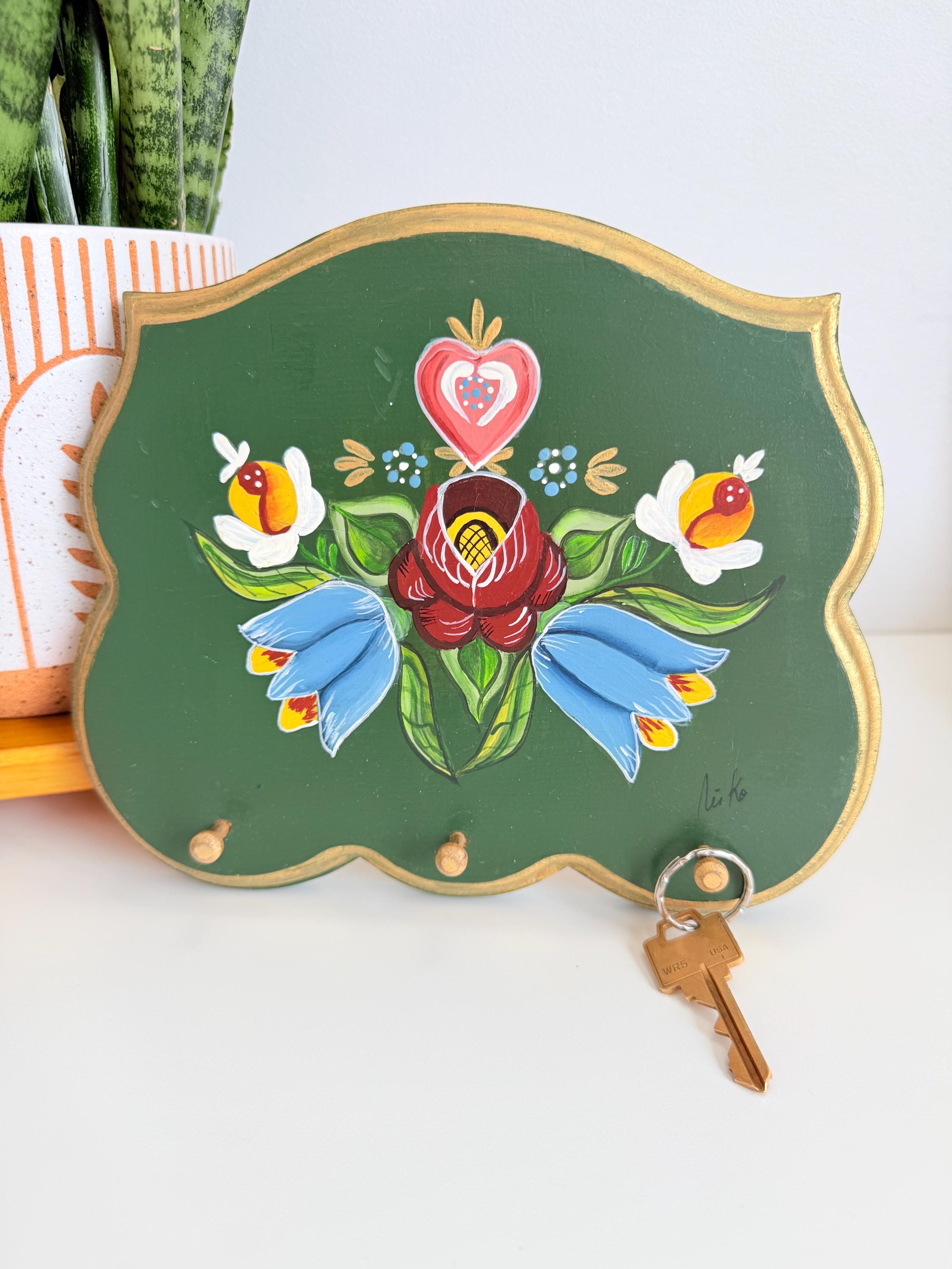 Key Racks Flowetr Vintage Wood Flowers Wall Key Rack | Hand Painted Floral Hook Rail ...