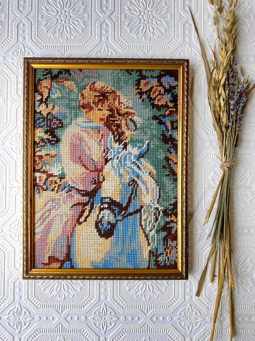 Vintage Framed Needlepoint Wall Art | Girl With Horse Petit Point ...