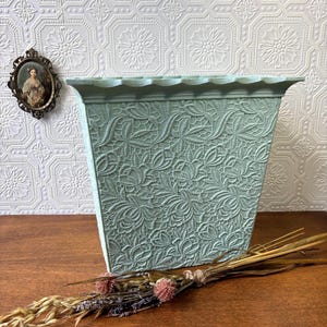 Vintage Max Klein Wastebasket | Sage Green Scalloped Trash Can | Mid Century Modern Embossed Floral Bin | Cottagecore Bathroom Decor | Retro