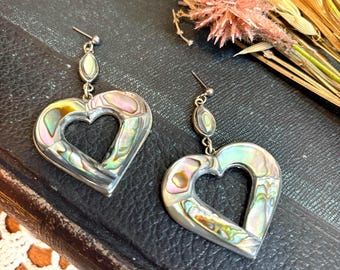 Vintage Heart Earrings | Mexican Nacre Shell Jewelry | Retro 1980s Boho Statement Accessory | Colorful Handmade Earrings | Romantic Jewelry