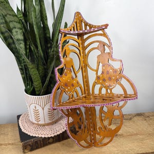 Vintage Handcrafted Corner Decorative Shelf | Rustic Unique Wooden Display with Folk Art Figures | Handmade Unique Wall Display Accessory