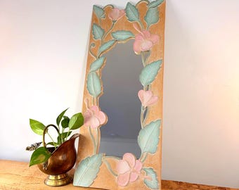 Vintage Pink XL Y2K Hand Carved Mirror | Pastel Floral Wood Frame | 90s Whimsical Wall Decor | Fairycore Pastel Botanical Mirror