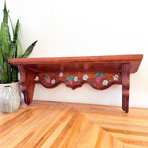Vintage Large Hand-Painted Strawberry Wood Shelf | Scalloped Pine Floating Wall Shelf | Cottagecore Daisy Kitchen Wall Decor | Rustic Decor