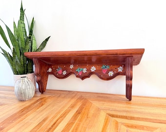 Vintage Large Hand-Painted Strawberry Wood Shelf | Scalloped Pine Floating Wall Shelf | Cottagecore Daisy Kitchen Wall Decor | Rustic Decor