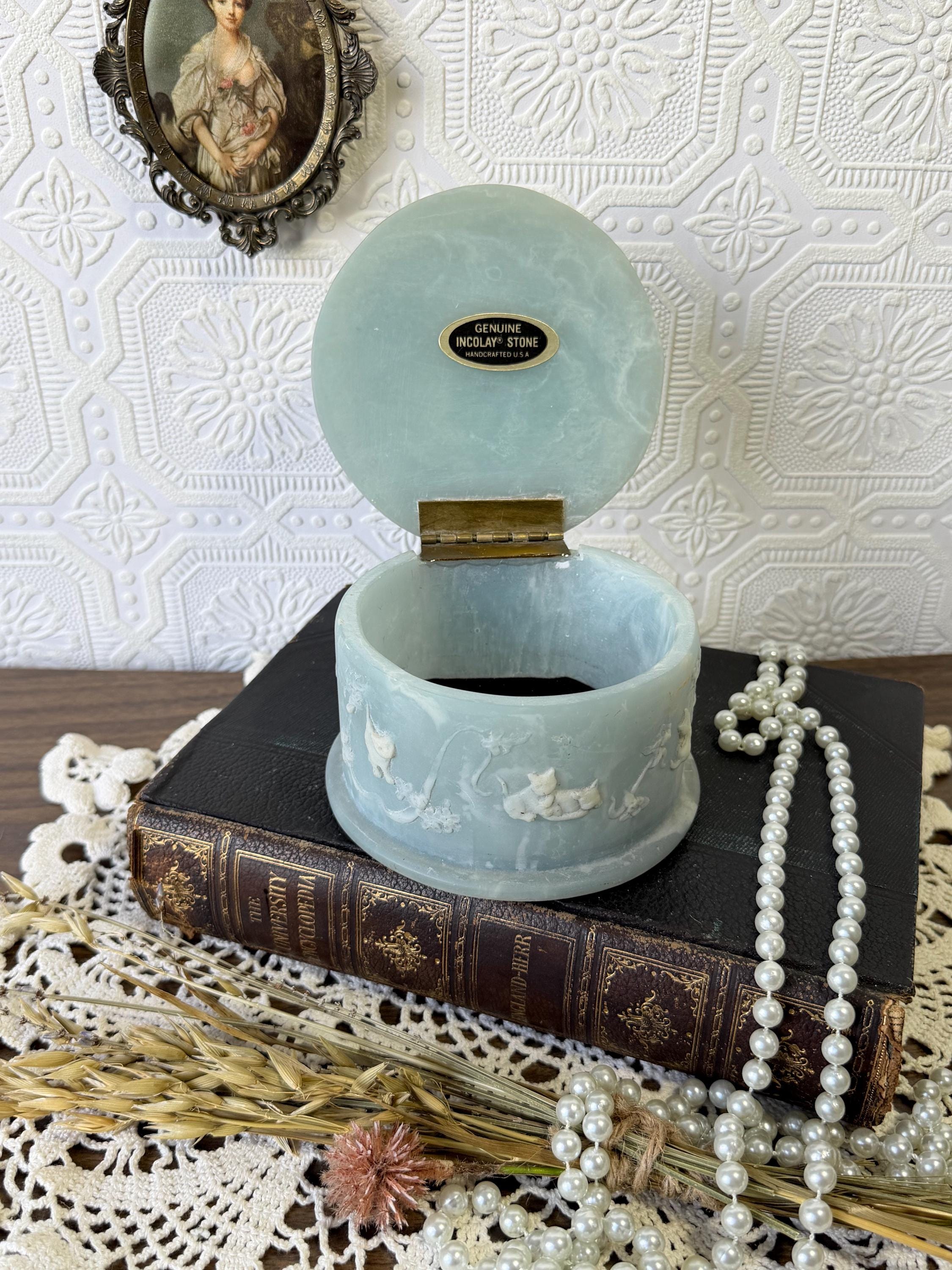 Vintage Incolay Stone Box | Blue Cat & Kitten Cameo | Round Hinged