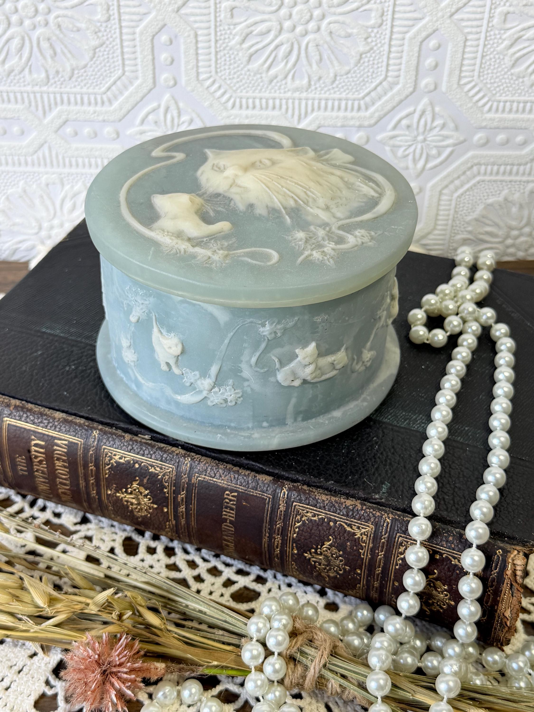 Vintage Incolay Stone Box | Blue Cat & Kitten Cameo | Round Hinged