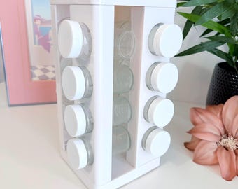 Vintage White Spice Rack Set | Postmodern Plastic Kitchen Decor | Retro Spice Carousel with 16 Jars | 80s Pop Art Revival Kitchen Storage