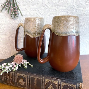 Vintage Handmade Pottery Mugs | Set of 2 1957 Canadian Brown Drip Glaze Steins | Mid Century Modern Studio Ceramic Cups | MCM Farmhouse Mugs