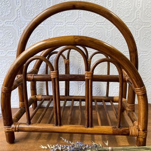 Vintage Rattan & Bamboo Magazine Rack | Boho Wicker Floor Organizer | Retro Cottagecore Book Holder | Mid Century Modern Vinyl Record Stand