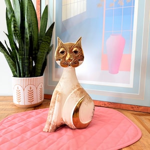 Vintage Pauline Pelletier Ceramic Cat Sculpture | Signed Quebec Studio Art Pottery | Mid Century Modern Gold & White Cat | Canadian Art
