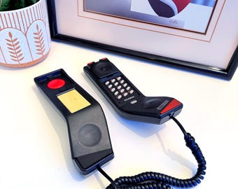 Vintage Post Modern Black & Red Wedge Phone | Futuristic 80s Stealth Design Landline | Memphis Style Corded Phone | Space Age Revival Phone