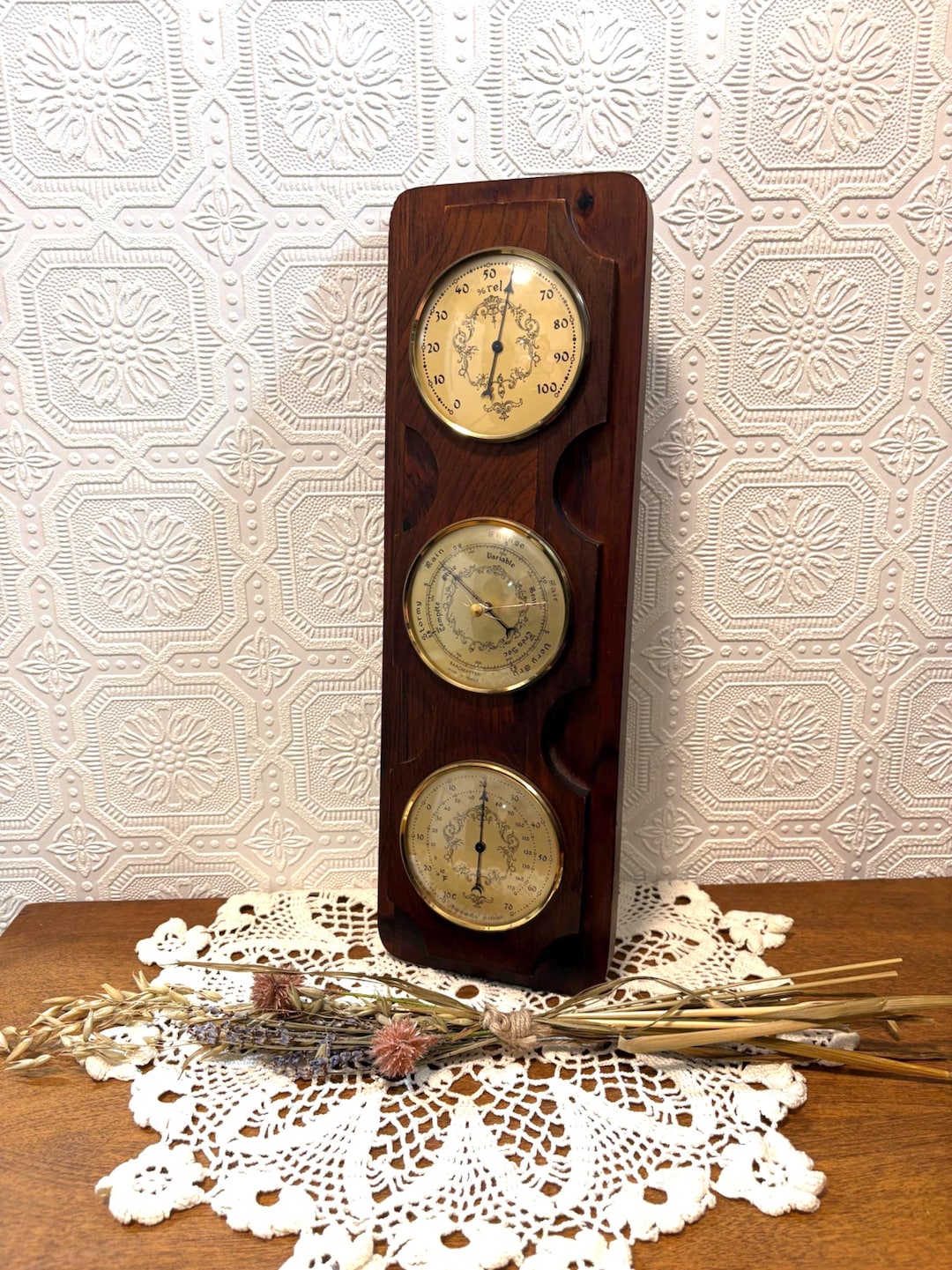 Vintage Weather Widget Vintage Wooden Weather Station - Mid-century Barometer Thermometer ...