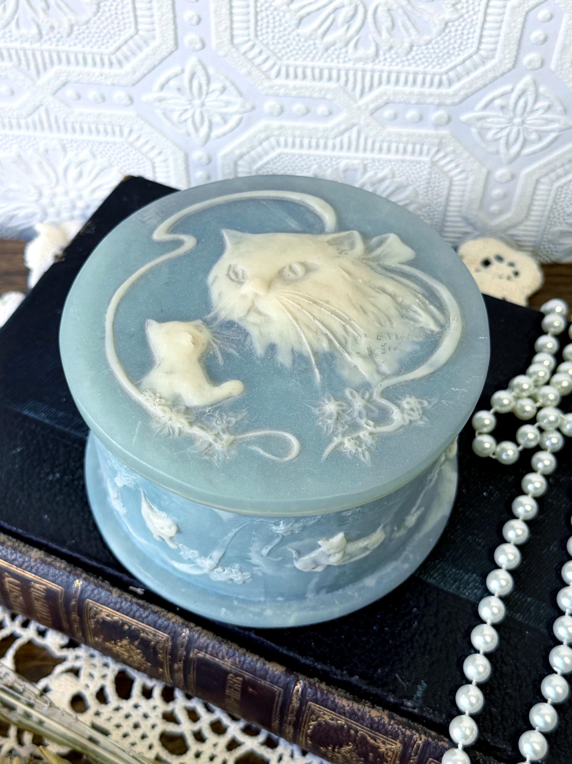 Vintage Incolay Stone Box | Blue Cat & Kitten Cameo | Round Hinged