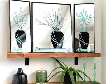 Vintage Postmodern Teal & Black Etched Mirror Set | 80s Kitsch Glass Panels | Retro Vase Motif Wall Hanging | Edgy Funky Memphis Home Decor