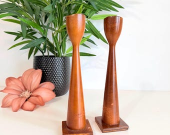 Vintage Danish Teak Tulip Candlesticks | Mid Century Modern Candle Holders | Scandinavian Minimalist Decor | Vintage 1960s Danish Design