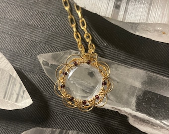 Golden Mandala Wirewrapped Quartz Crystal Pendant