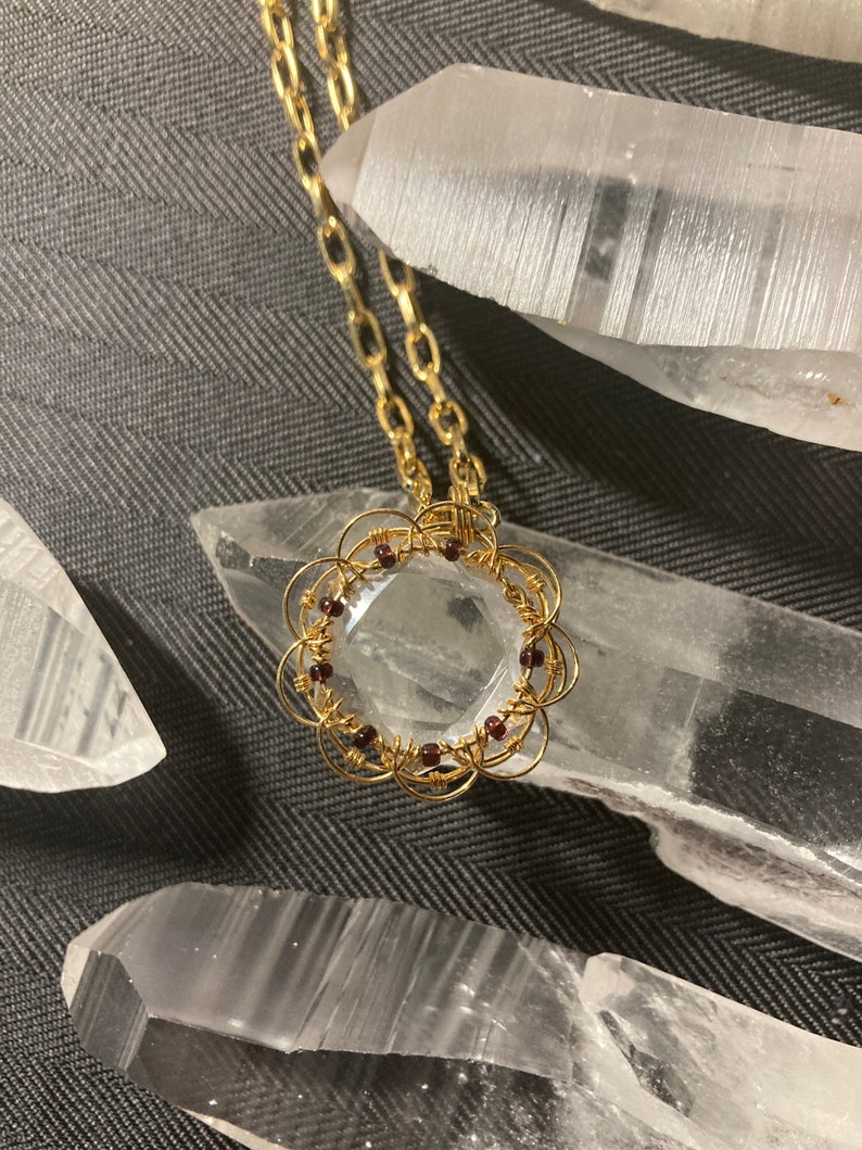 Golden Mandala Wirewrapped Quartz Crystal Pendant image 1