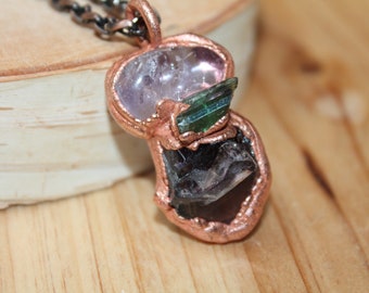 Amethyst Green Tourmaline Super 7 Crystal Pendant on Copper Necklace