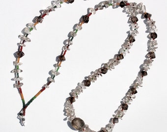 Long Gray Smoky Quartz Crystal Necklace with Rainbow Seed Beads