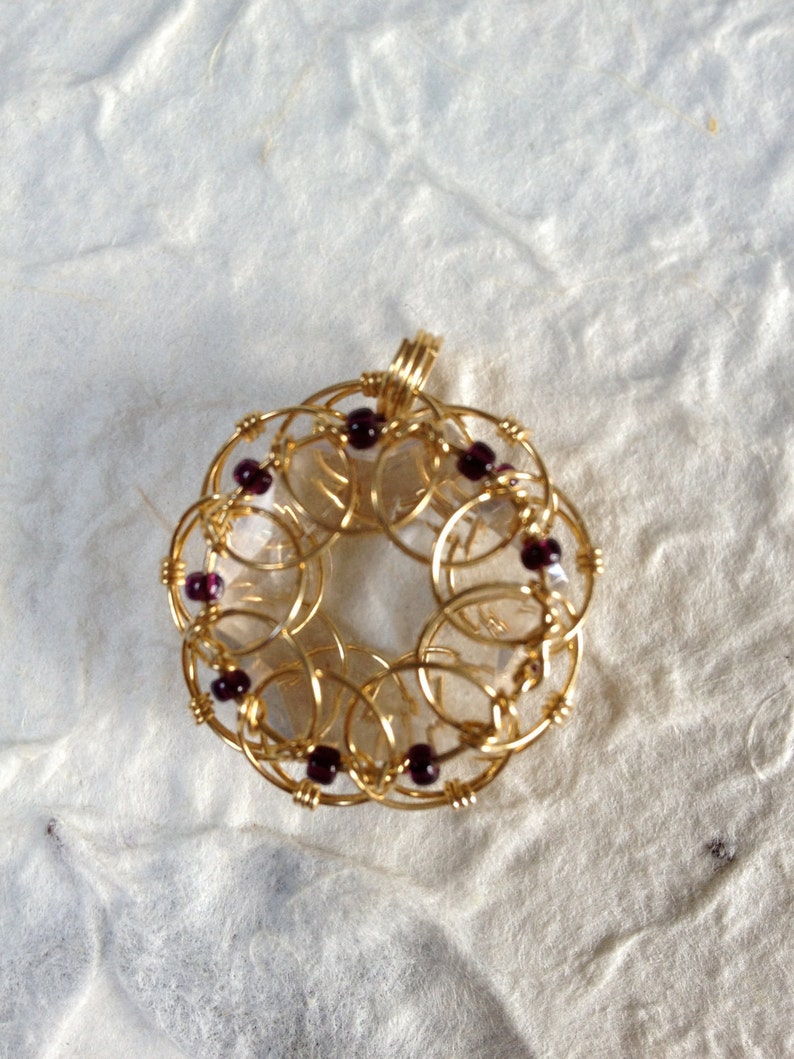 Golden Mandala Wirewrapped Quartz Crystal Pendant image 6