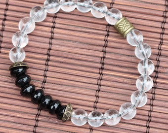 Faceted Black Onyx Clear Quartz Crystal Bracelet Antique Gold Genderneutral Yoga Spa Wellness Inspired Jewely for All Stretch Stack Bracelet