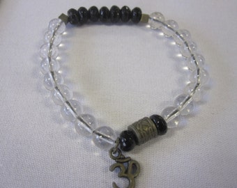 Faceted Black Onyx • Clear Quartz • Crystal Bracelet w/ Antique Gold OM Charm mens unisex