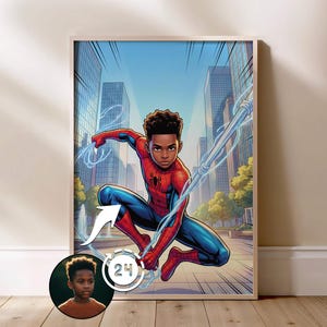 Pode incluir: Uma ilustração digital emoldurada de uma pessoa jovem de pele escura e cabelo encaracolado como super-herói com fato vermelho e azul com emblema de aranha, balançando por uma cidade, ao lado de uma pequena fotografia de retrato circular.