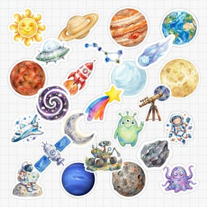 Watercolor Space Stickers | Planets, Rocket, Astronaut (Printable PDF)