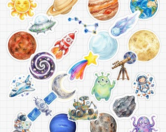 Watercolor Space Stickers | Planets, Rocket, Astronaut (Printable PDF)