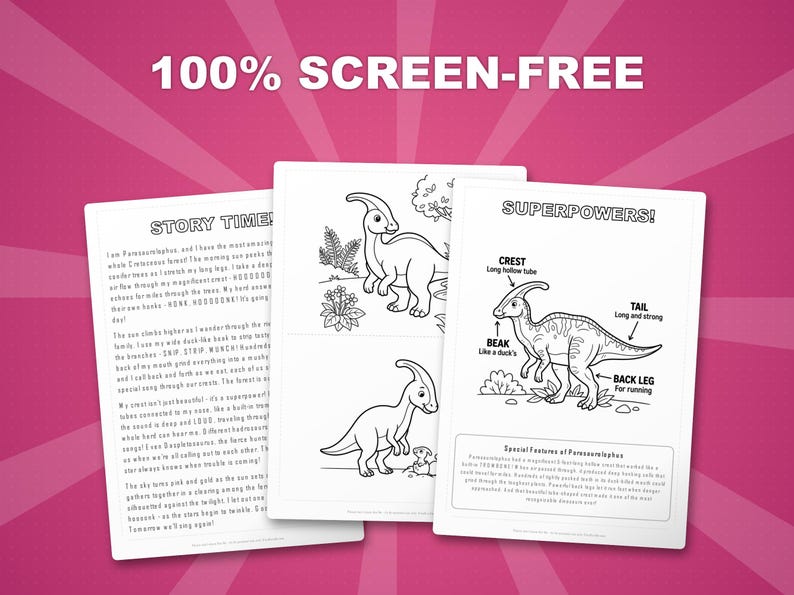Activiteitenbundel dinosaurus Parasaurolophus | Kleurplaten, werkbladen, feiten (pdf-download) afbeelding 3