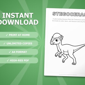 Paquete de actividades sobre el dinosaurio Stegoceras / Páginas para colorear, hojas de trabajo, datos interesantes (descarga en PDF) imagen 4